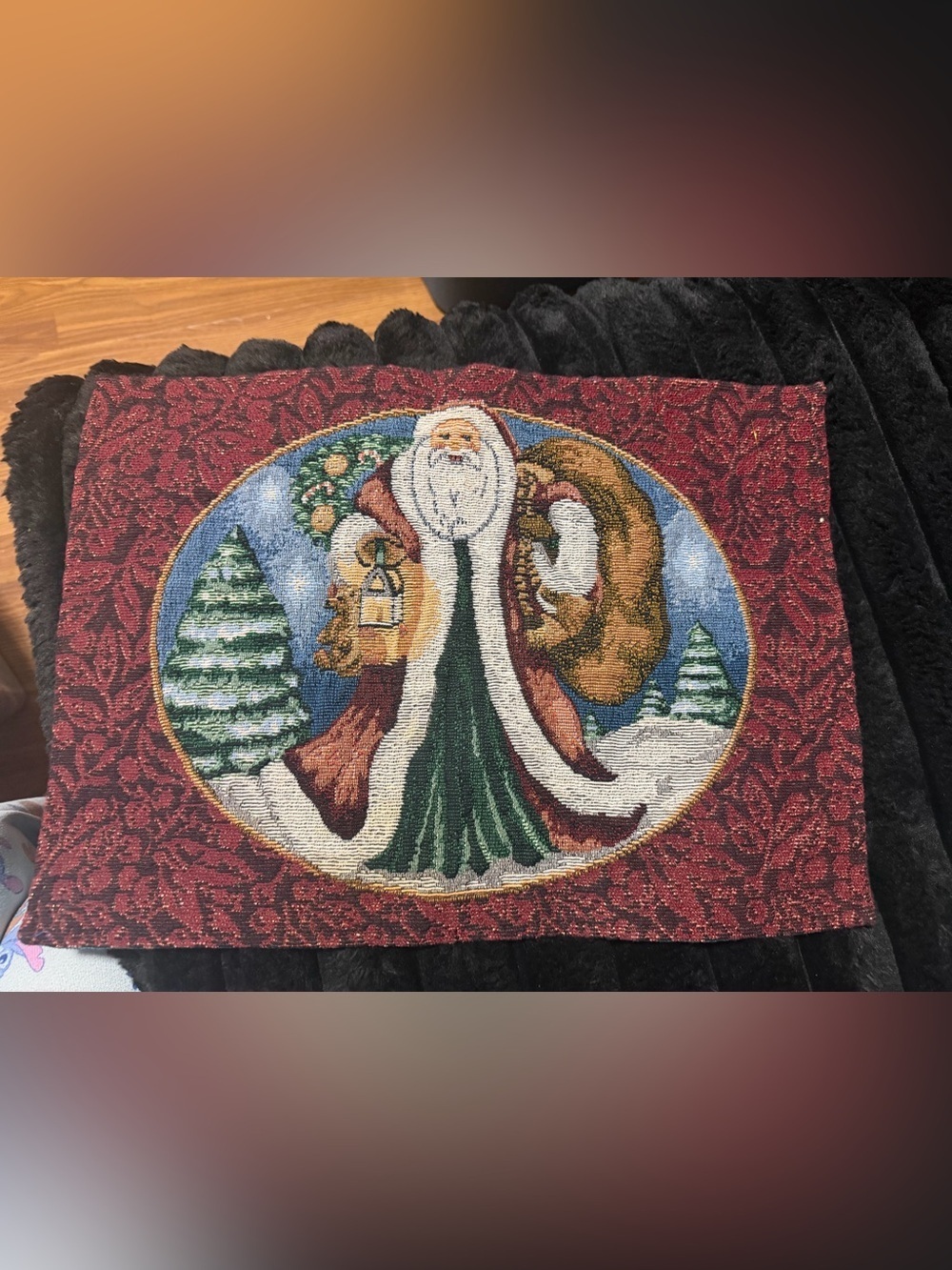 Christmas-themed tapestry placemat featuring an Old World Santa Claus design